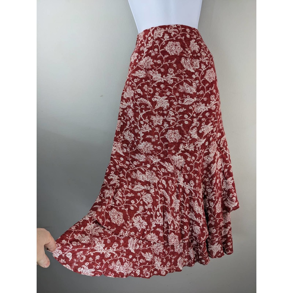 Peruvian Connection Midi Skirt10  Ruffle Floral Red Off White Boho Viscose USA